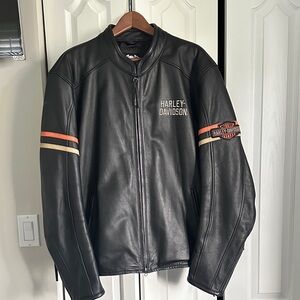 Harley-Davidson Black Bomber Jacket with Orange and Cream Stripes